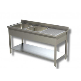 Plonge inox 1400 mm, 2 bacs égouttoir à droite et étagère - RISTOPRO DSLG2VGD147