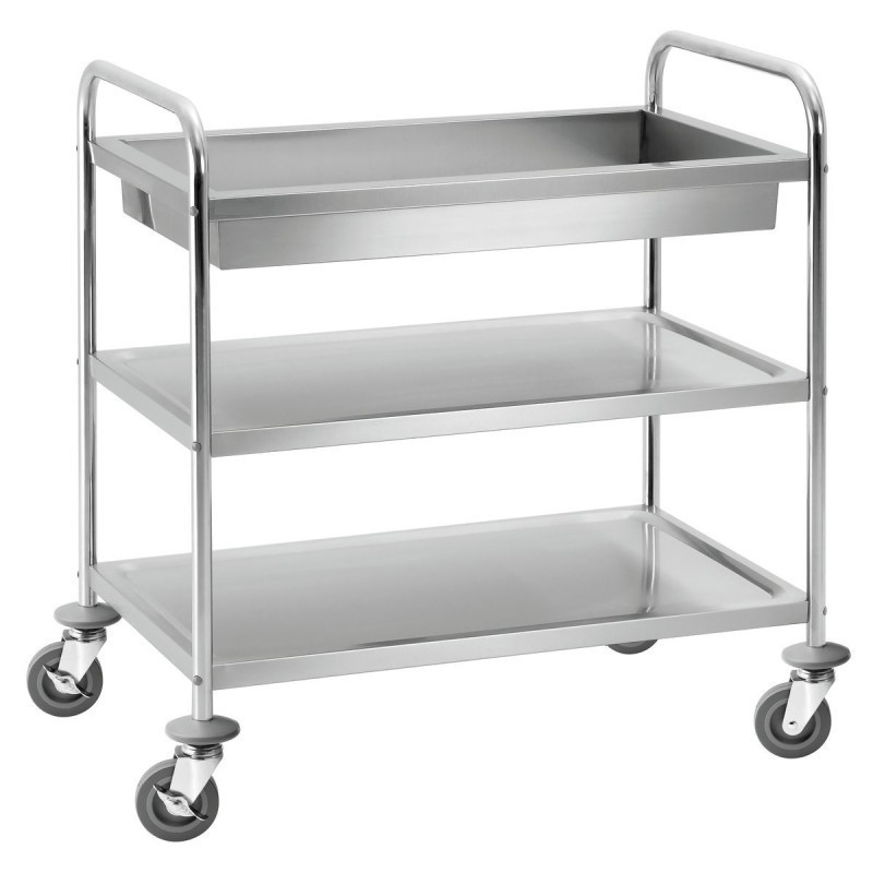 Chariot inox 3 niveaux avec bac